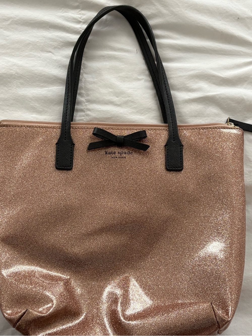 kate spade Rose Gold Glitter Tote with Black Handles